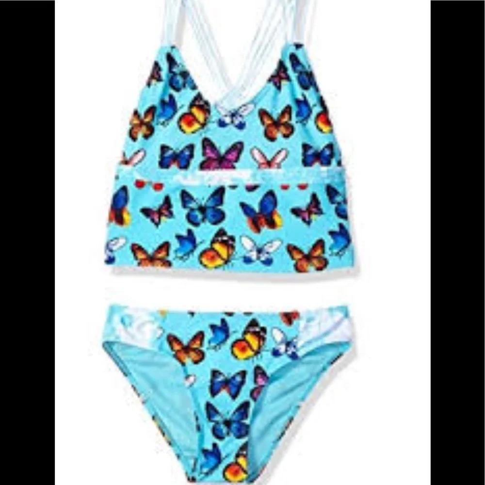 NWT Vigoss Girls 7/8 swimsuit brt turq butterflies